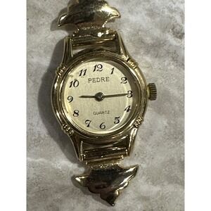 Pedre Women Round Watch Gold Tone Sea Ship Charms‎ Quartz New Battery Vintage